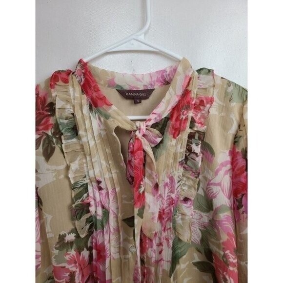 Anthropologie Ranna Gill Womens Top Small Floral Bow Tie Sequined Cottage BOHO - Picture 3 of 11